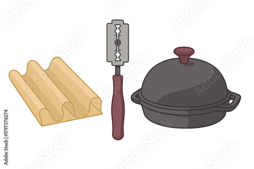 Dough sheet razor blade and cast iron cooking pot with lid