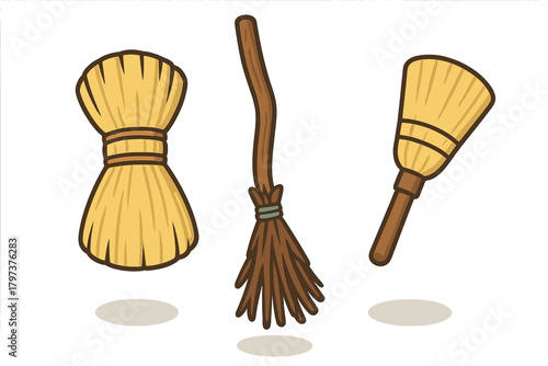 Three stylized straw brooms and whisks for cleaning or fantasy concepts