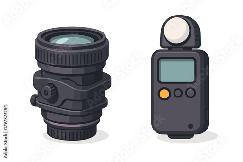 Professional photography equipment: camera lens and handheld digital light meter