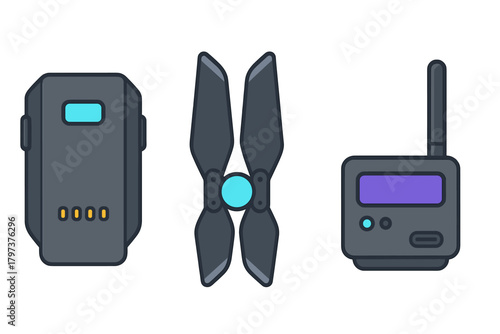 Drone spare parts icons featuring battery, propellers, and remote control unit