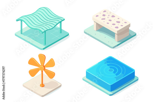 Isometric outdoor elements set with wavy canopy, textured bench, orange pinwheel, and blue pool