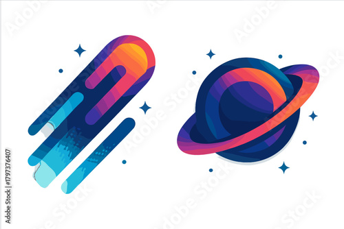 Vibrant gradient space icons featuring a ringed planet and a streaking meteoroid