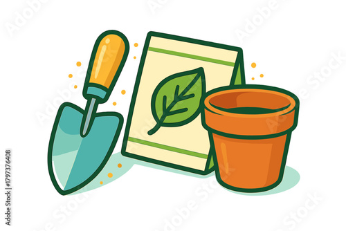Gardening tools: trowel, seed packet, and terracotta flower pot