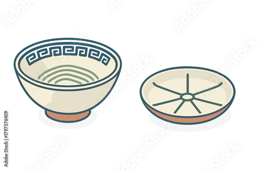 Traditional empty Asian noodle bowl with meander pattern and separate matching lid in isometric perspective