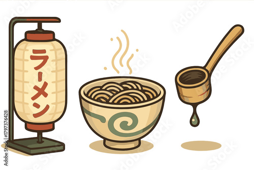 Steaming Japanese ramen noodle bowl with lantern and ladle