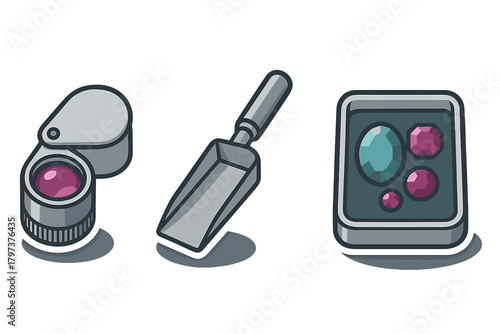 Jeweler appraisal tools set including loupe, scoop, and faceted precious gems
