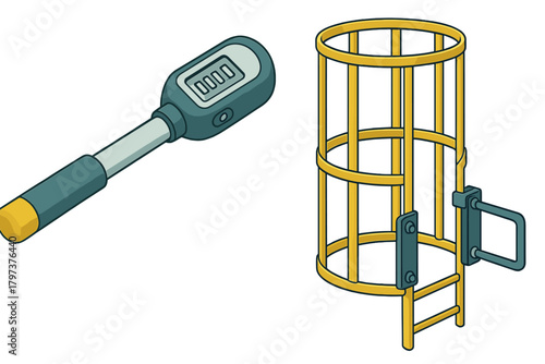 Digital depth gauge and fixed ladder safety cage isometric objects