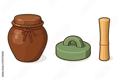 Traditional Korean Onggi fermentation jar with stone lid and wooden tamper