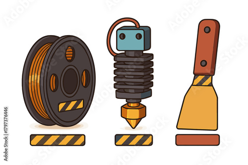 Essential 3D printing accessories including filament spool, extruder nozzle, and build plate removal tool