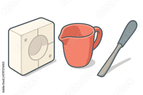 Isometric mold making tools featuring casting block pitcher and spatula