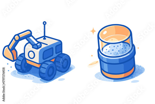 Isometric space exploration rover digging soil sample in container