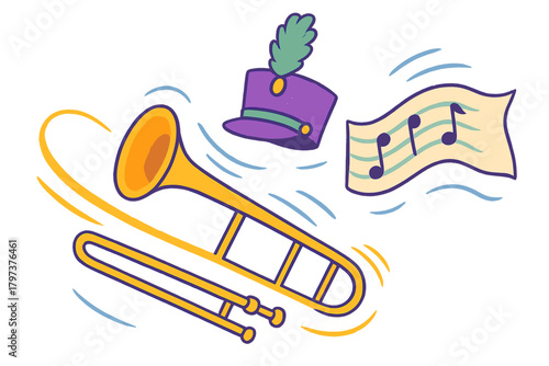 Trombone Shako Hat and Musical Notes Icons for Band Performance
