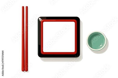 Red chopsticks with square black and red dish and small sauce bowl