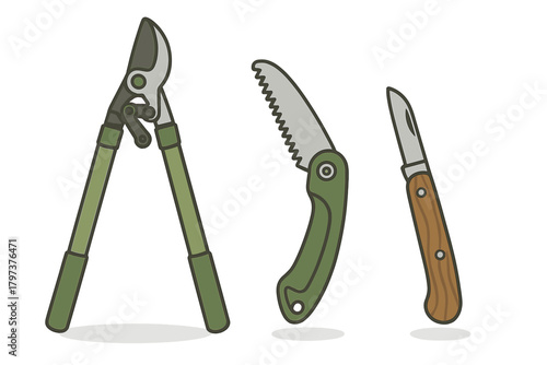 Collection of essential garden cutting and folding tools for horticulture