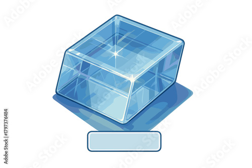 Transparent blue glass cube with blank label element