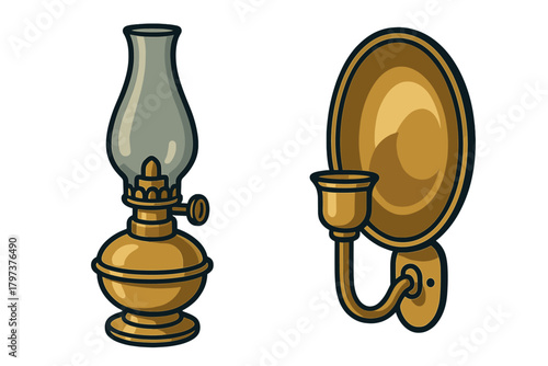 Antique brass oil lamp and wall sconce set isolated on white background
