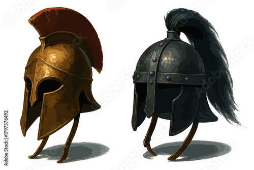 Ancient warrior helmets comparison with bronze and dark metal finishes