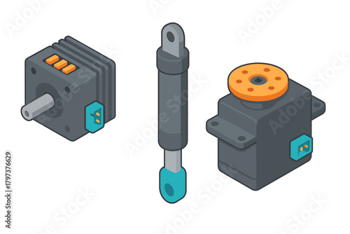 Isometric mechanical components set featuring stepper motor, servo motor, and hydraulic damper for engineering