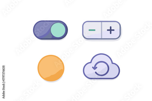 Toggle switch, plus minus button, solid circle, and cloud refresh icon for application design