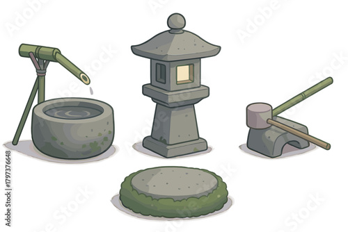 Traditional Japanese Garden Elements Set with Stone Lantern and Water Basin