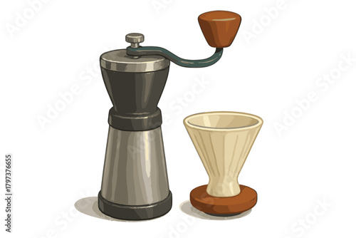 Manual burr coffee grinder and ceramic pour-over dripper used for brewing fresh filtered coffee