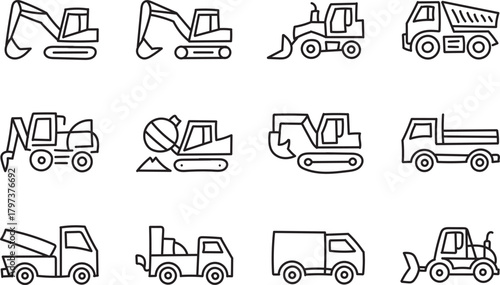 Minimal Hand-Drawn Construction Vehicles and Heavy Machinery Line Icon Collection