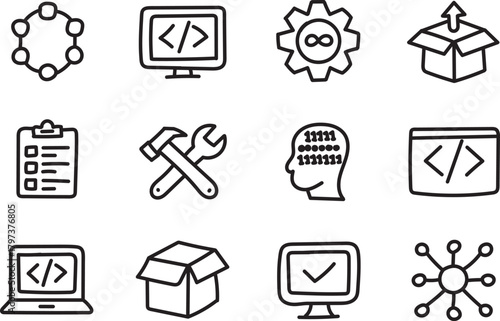 Minimal Hand-Drawn Coding and Software Development Line Icon Collection