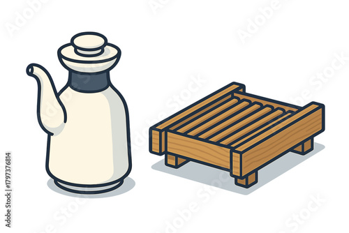 Japanese soy sauce dispenser and wooden serving tray for Asian cuisine condiments