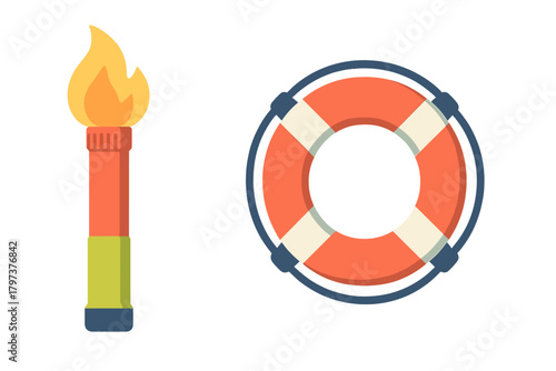 Essential maritime safety gear set featuring a bright signal flare and a classic life preserver ring