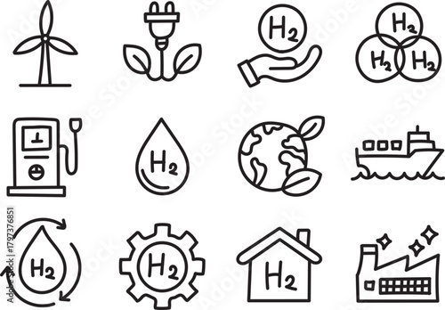 Minimal Hand-Drawn Hydrogen Energy and Clean Fuel Line Icon Collection