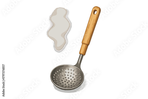 Steaming perforated metal skimmer spoon with a light brown wooden handle