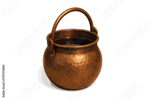 Rustic hammered copper cauldron pot with bail handle isolated on a clean white background