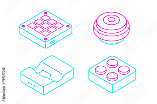 Isometric neon line icons of modern technology devices and abstract geometric shapes