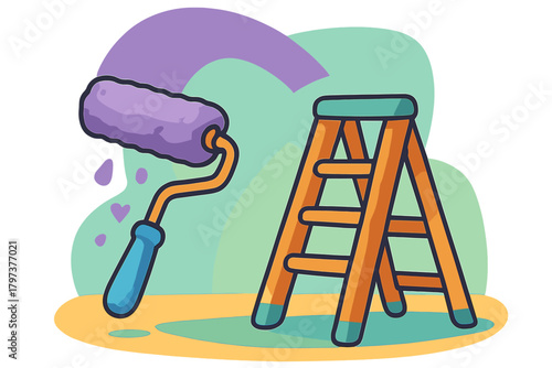 Essential tools for home renovation featuring a purple paint roller and wooden step ladder