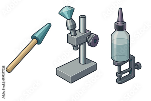 Scientific instruments set with diamond holder stand and clamped dropper bottle