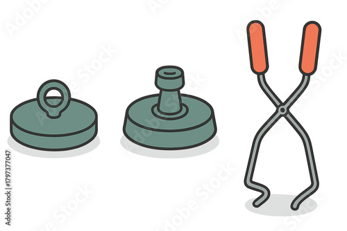 Set of magnet fishing tools featuring two retrieval magnets and long handled tongs