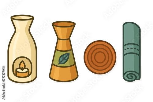 Set of wellness and self-care items including essential oil diffuser, candle, and rolled yoga mat