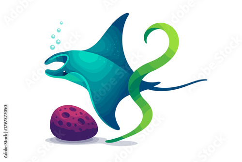 Stylized blue and green manta ray marine animal swimming among sea flora and bubbles