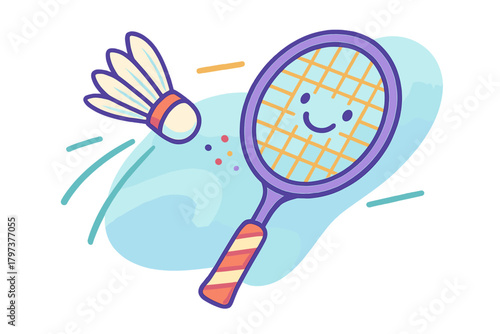 Playful badminton racket character smiling while striking a fast moving shuttlecock