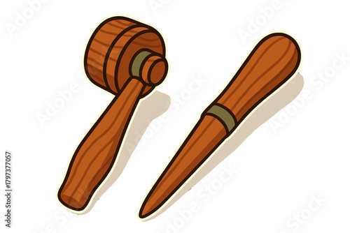 Classic wooden mallet and pointed stake tool for construction, carving, or woodworking