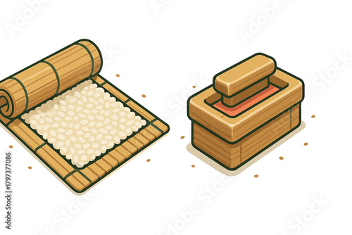 Traditional Japanese sushi tools: bamboo rolling mat, rice, and wooden pressing mold for oshizushi