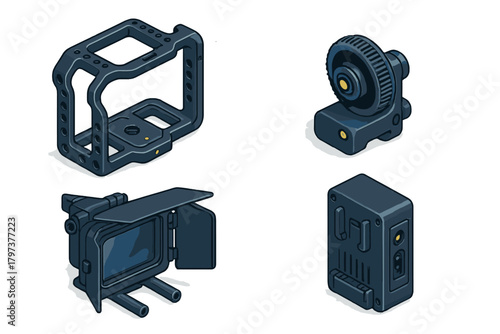 Professional cinema camera accessories set including protective cage follow focus monitor and power supply