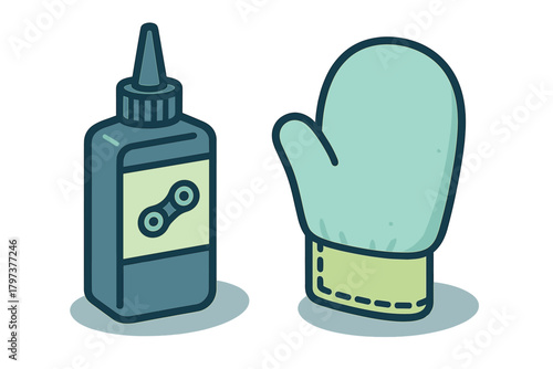 Essential tools for bike chain care including lubrication oil dispenser and washing glove