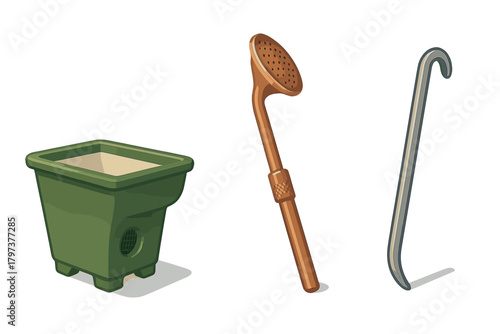 Set of essential gardening equipment: planter pot, watering can rose, and metal hand tool