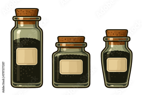 Three vintage apothecary jars filled with dark granular contents and cork stoppers