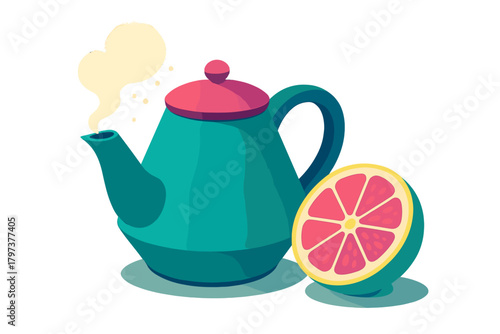 Teal teapot with pink lid steaming next to a vibrant pink and yellow grapefruit half