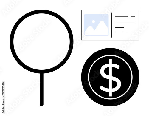 Magnifying glass near a financial icon and a digital interface with text. Ideal for finance, business, research, analysis, investment, search, decision-making. Minimalist flat metaphor