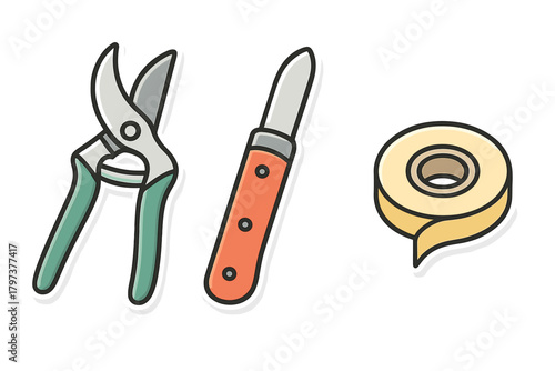 Horticulture tools set with pruning shears, grafting knife, and adhesive tape