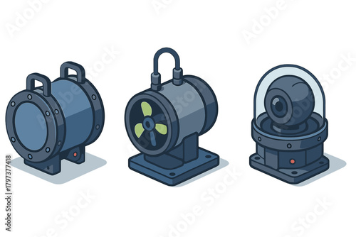 Isometric set of three submersible devices: sealed housing, propeller thruster, and dome surveillance camera