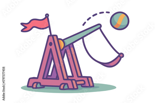 Ancient siege engine catapult launching a striped ball with a red flag waving on top